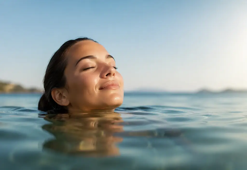 dame geniet van de zon en het verfrissende hydraterende water